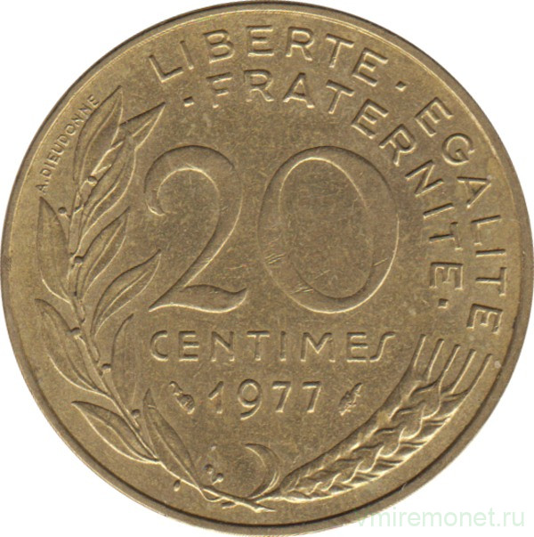 Монета. Франция. 20 сантимов 1977 год.