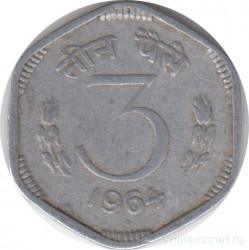 Монета. Индия. 3 пайса 1964 год.