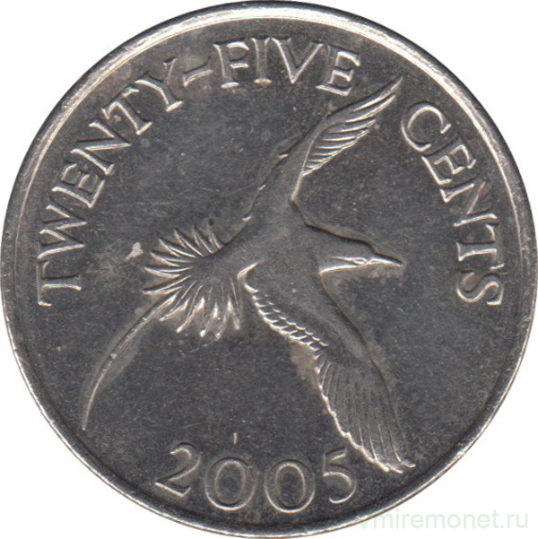 Монета. Бермудские острова. 25 центов 2005 год.