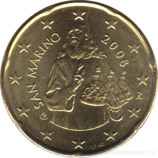 Монета. Сан-Марино. 20 центов 2008 год.