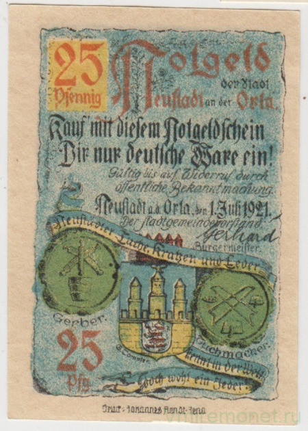 Бона. Нотгельд. Германия. Город Нойштадт на Орле. 25 пфеннигов 1921 год. Вариант 965.1.2.