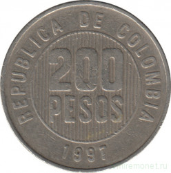 Монета. Колумбия. 200 песо 1997 год.