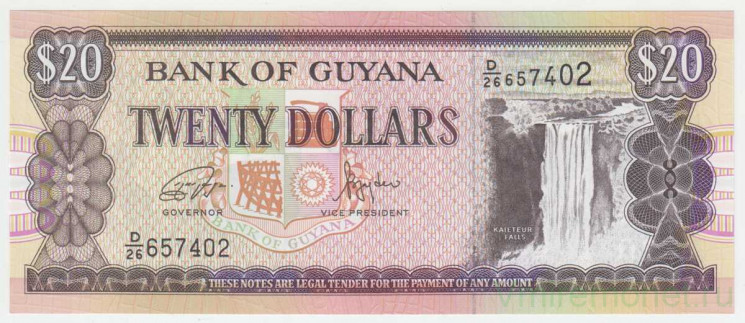 Банкнота. Гайана. 20 долларов 1996 - 2018 год. Тип 30h.