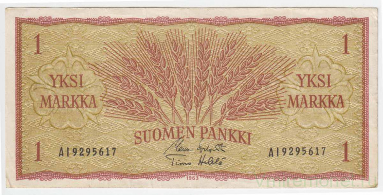 Банкнота. Финляндия. 1 марка 1963 год. Тип 98A(36).