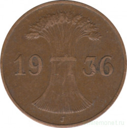 Монета. Германия. Веймарская республика. 1 рейхспфенниг 1936 год. Монетный двор - Гамбург (J).