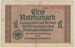 Банкнота. Германия. Третий рейх. Немецкие оккупационные деньги. 1 рейхсмарка 1939 - 1944 годы. Серийный номер - 3 цифры, точка, 6 цифр. Тип R136a.