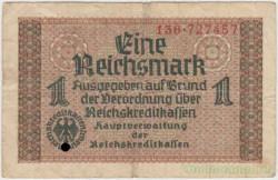 Банкнота. Германия. Третий рейх. Немецкие оккупационные деньги. 1 рейхсмарка 1939 - 1944 годы. Серийный номер - 3 цифры, точка, 6 цифр. Тип R136a.