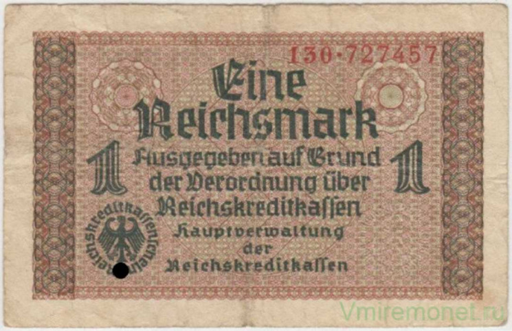 Банкнота. Германия. Третий рейх. Немецкие оккупационные деньги. 1 рейхсмарка 1939 - 1944 годы. Серийный номер - 3 цифры, точка, 6 цифр. Тип R136a.
