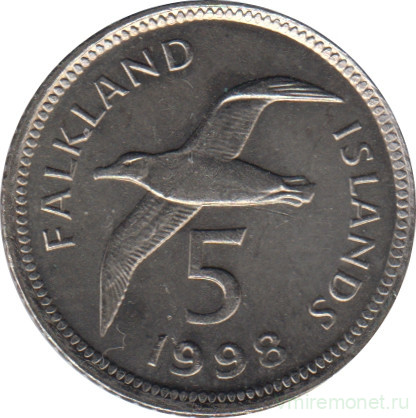 Монета. Фолклендские острова. 5 пенсов 1998 год.