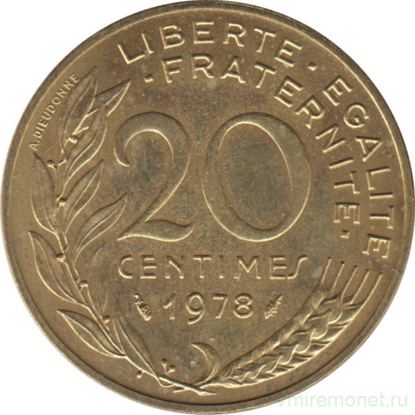 Монета. Франция. 20 сантимов 1978 год.