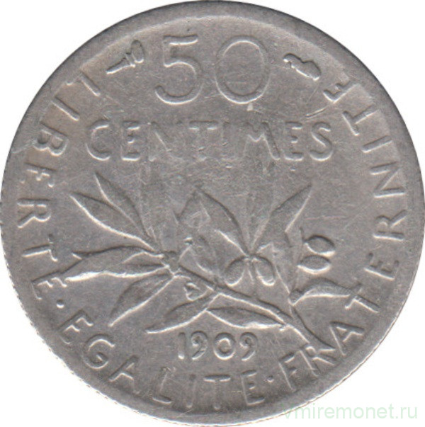 Монета. Франция. 50 сантимов 1909 год.