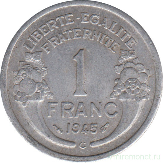 Монета. Франция. 1 франк 1945 год. Монетный двор - Кастельсарразин. (C).