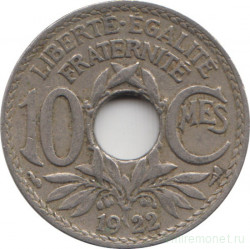 Монета. Франция. 10 сантимов 1922 год. Монетный двор - Бомон-ле Роже. Аверс - рог изобилия.