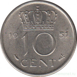Монета. Нидерланды. 10 центов 1951 год.