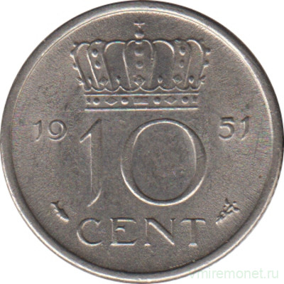 Монета. Нидерланды. 10 центов 1951 год.