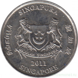 Монета. Сингапур. 20 центов 2011 год.