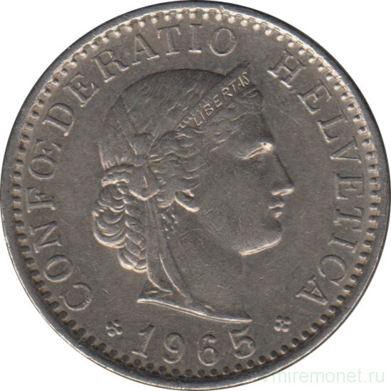 Монета. Швейцария. 20 раппенов 1965 год.
