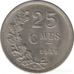 Монета. Люксембург. 25 сантимов 1938 год. Монетная ориентация.