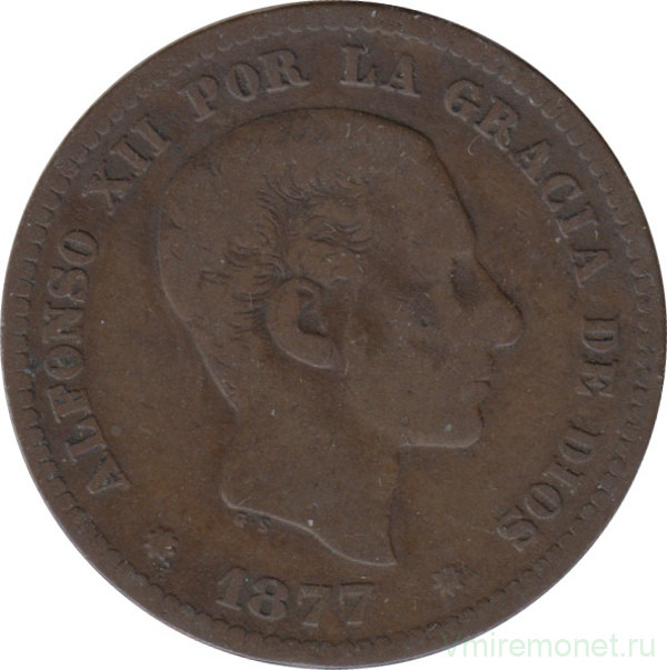 Монета. Испания. 5 сентимо 1877 год.
