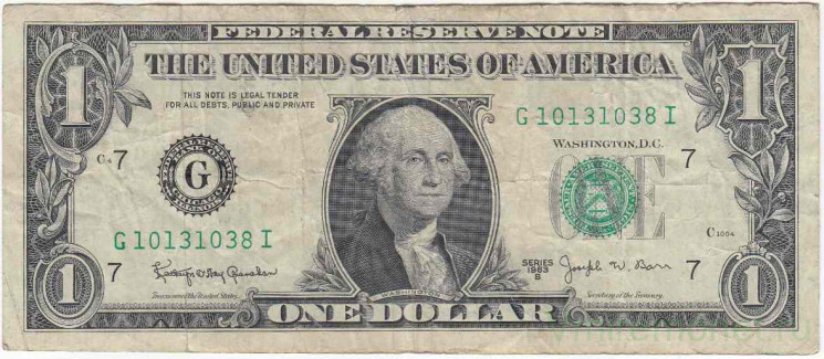 Банкнота. США. 1 доллар 1963 год. Серия G. Тип 443c.
