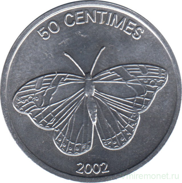 Монета. Конго. 50 сантимов 2002 год. Животные. Бабочка.
