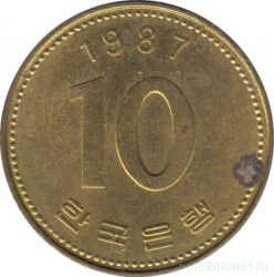 Монета. Южная Корея. 10 вон 1987 год.
