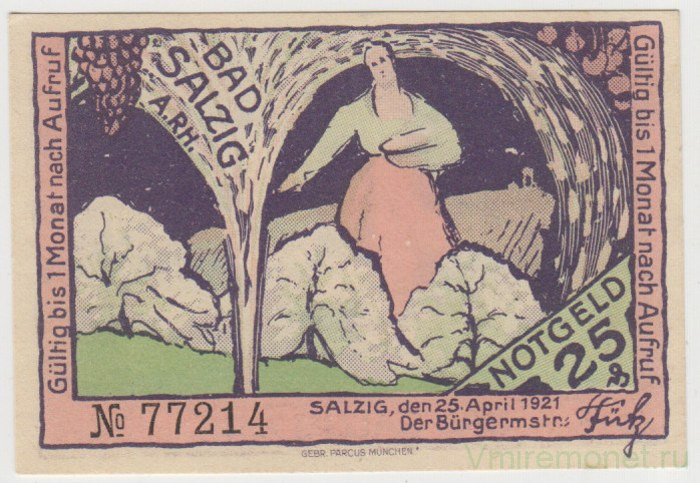 Бона. Нотгельд. Германия. Общество курорта Зальциг. 25 пфеннигов 1921 год. Вариант 1158.1.а.1.