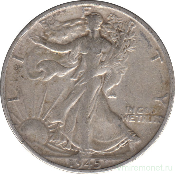 Монета. США. 50 центов 1945 год. Шагающая свобода. Монетный двор - S.