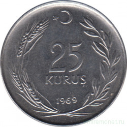 Монета. Турция. 25 курушей 1969 год.