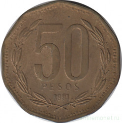 Монета. Чили. 50 песо 1991 год.