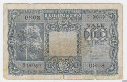 Банкнота. Италия. 10 лир 1944 год. Тип 32c.