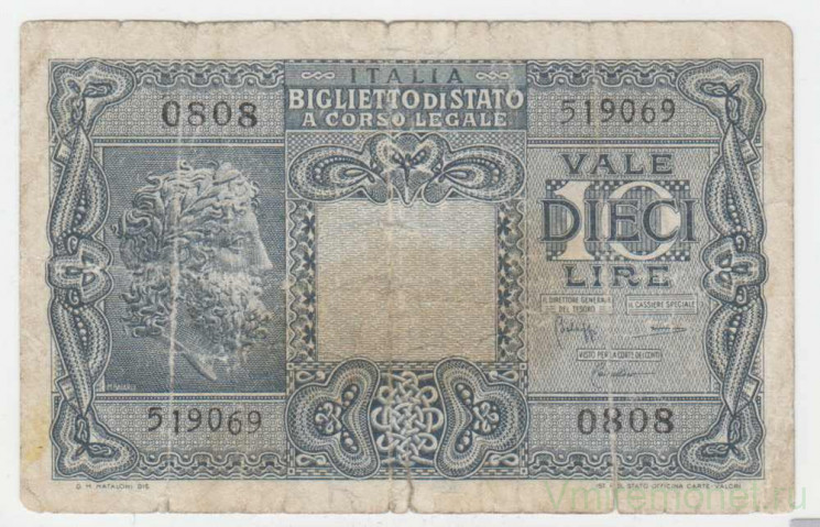 Банкнота. Италия. 10 лир 1944 год. Тип 32c.