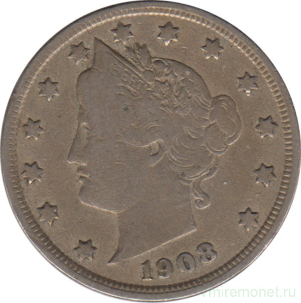 Монета. США. 5 центов 1908 год.