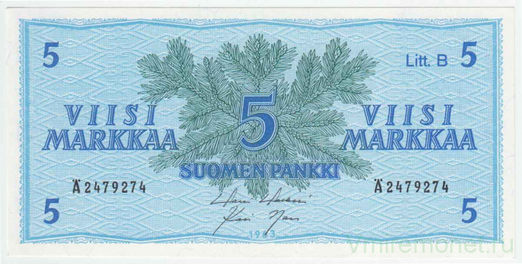 Банкнота. Финляндия. 5 марок 1963 год. Лит B. 106Aa(46).