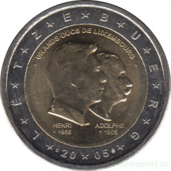 Монета. Люксембург. 2 евро 2005 год. 50 лет правящему монарху Анри Нассау и 100 лет со дня смерти герцога Адольфа.