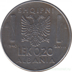 Монета. Албания. 0,20 лека 1940 год.