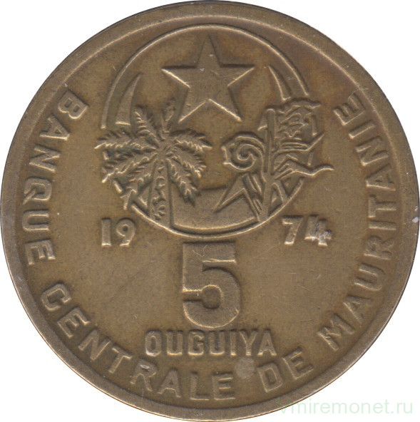 Монета. Мавритания. 5 угий 1974 год.