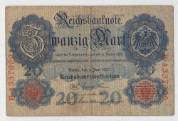 Банкнота. Германия. Германская империя (1871-1918). 20 марок 1907 год. Номер серии (семь цифр и одна буква) - красный цвет.