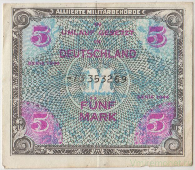 Банкнота. Германия. Третий рейх. Оккупация союзников. 5 марок 1944 год. (8 цифр). Тип 193d.