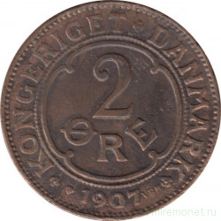 Монета. Дания. 2 эре 1907 год.