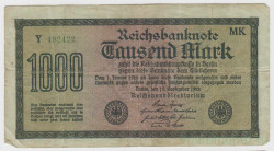 Банкнота. Германия. Веймарская республика. 1000 марок 1922 год. Зелёная бумага. Водяной знак - тупой угол. Серийный номер - буква, шесть цифр (мелкие,зелёные), две буквы.