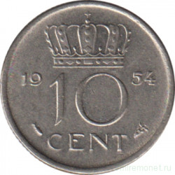 Монета. Нидерланды. 10 центов 1954 год.
