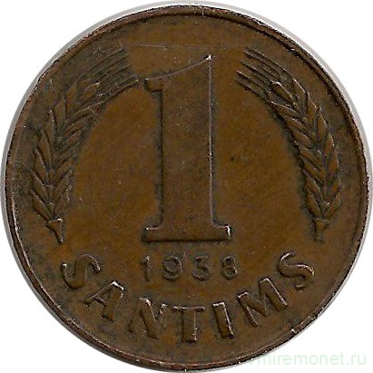 Монета. Латвия. 1 сантим 1938 год.