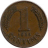 Аверс.Монета. Латвия. 1 сантим 1938 год.