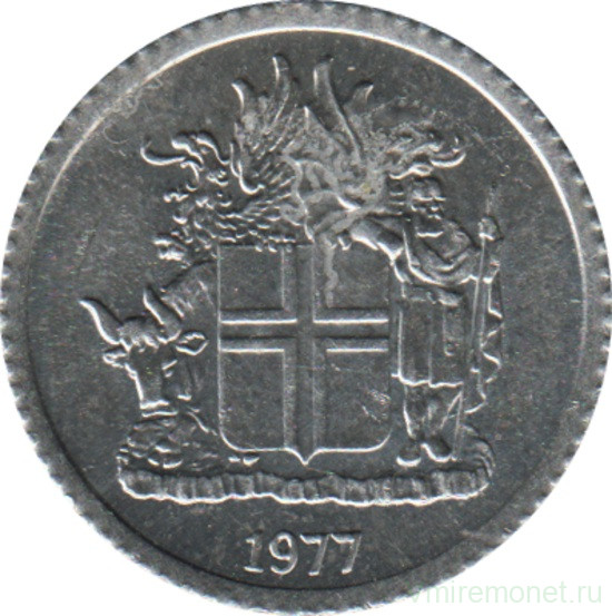 Монета. Исландия. 1 крона 1977 год.