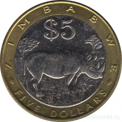 Монета. Зимбабве. 5 долларов 2002 год.