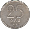 Монета. Швеция. 25 эре 1947 год (серебро). ав.
