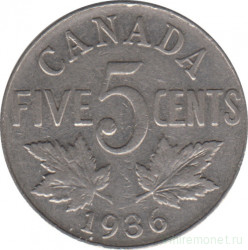 Монета. Канада. 5 центов 1936 год.