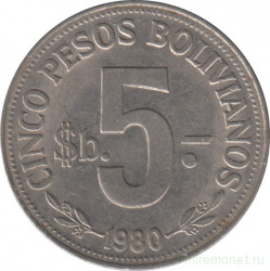Монета. Боливия. 5 песо 1980 год.