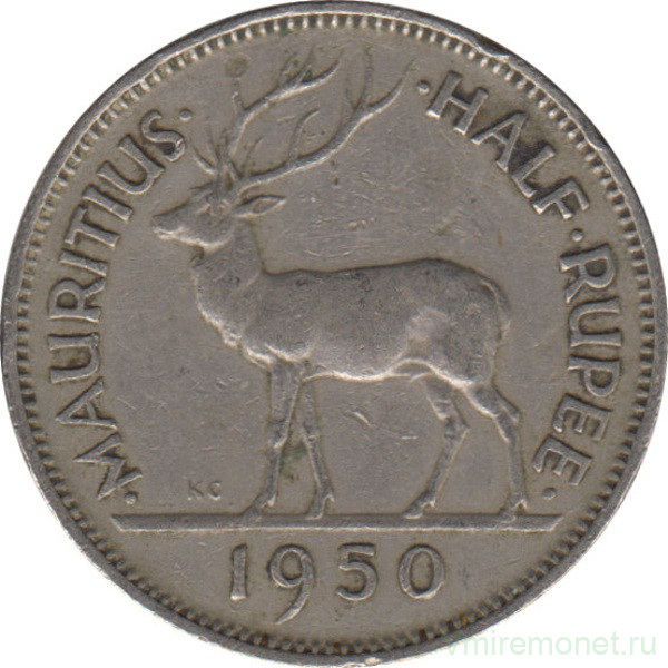 Монета. Маврикий. 1/2 рупии 1950 год.
